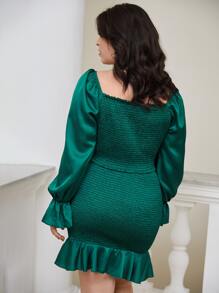 SHEIN Frenchy Plus Sweetheart Neck Flounce Sleeve Drawstring Front Shirred Crop Top & Ruffle Hem Skirt - Dark Green - View 6