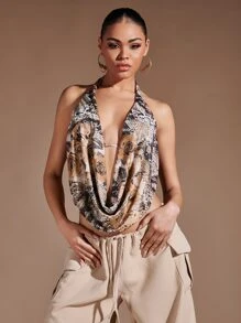 SHEIN BAE 蛇皮紋和印花前垂褶露背掛脖上衣 - 彩色 - 查看 4