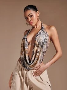 SHEIN BAE 蛇皮紋和印花前垂褶露背掛脖上衣 - 彩色 - 查看 5