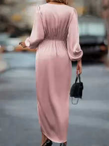 Chiquease 燈籠袖前扭結圍裹下擺緞面連衣裙 - 粉色 - 查看 2