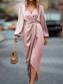 Chiquease 燈籠袖前扭結圍裹下擺緞面連衣裙 - 粉色 - 查看 3