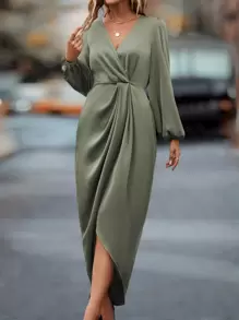 EMERY ROSE Lantern Sleeve Twist Front Wrap Hem Satin Dress Maxi Women Outfit Fall Cloth For Women - Green - View 3