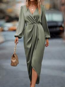 EMERY ROSE Lantern Sleeve Twist Front Wrap Hem Satin Dress Maxi Women Outfit Fall Cloth For Women - Green - View 4