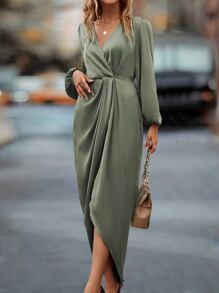 EMERY ROSE Lantern Sleeve Twist Front Wrap Hem Satin Dress Maxi Women Outfit Fall Cloth For Women - Green - View 5