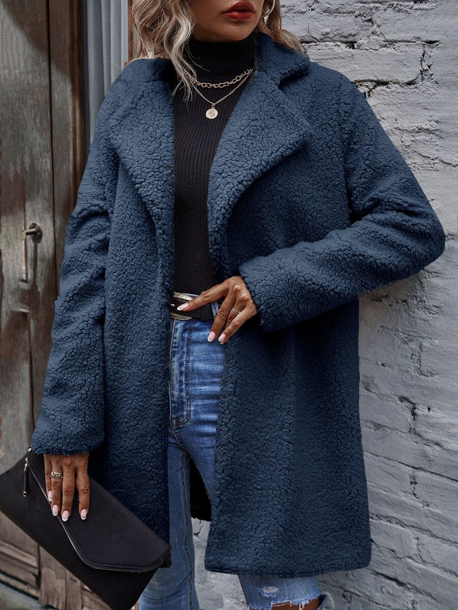 SHEIN LUNE Abrigo teddy de cuello con solapa con parte delantera abierta - Azul Marino - Ver 1