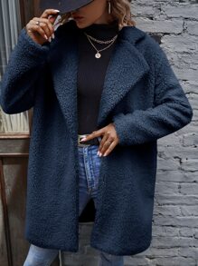 SHEIN LUNE Abrigo teddy de cuello con solapa con parte delantera abierta - Azul Marino - Ver 3