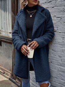 SHEIN LUNE Abrigo teddy de cuello con solapa con parte delantera abierta - Azul Marino - Ver 4