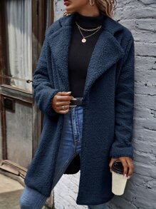 SHEIN LUNE Abrigo teddy de cuello con solapa con parte delantera abierta - Azul Marino - Ver 6