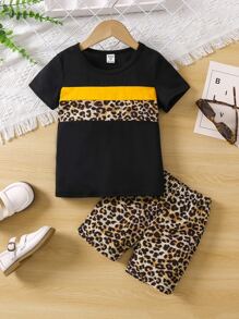 SHEIN 女小童豹紋印花撞色休閒甜美風和酷常規袖圓領上衣和短褲套裝適合夏天 - 彩色 - 查看 1