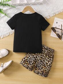 SHEIN 女小童豹紋印花撞色休閒甜美風和酷常規袖圓領上衣和短褲套裝適合夏天 - 彩色 - 查看 2