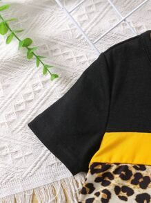 SHEIN 女小童豹紋印花撞色休閒甜美風和酷常規袖圓領上衣和短褲套裝適合夏天 - 彩色 - 查看 4