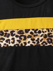 SHEIN 女小童豹紋印花撞色休閒甜美風和酷常規袖圓領上衣和短褲套裝適合夏天 - 彩色 - 查看 5