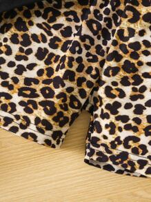 SHEIN 女小童豹紋印花撞色休閒甜美風和酷常規袖圓領上衣和短褲套裝適合夏天 - 彩色 - 查看 6