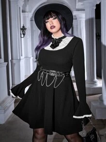 ROMWE PUNK Plus Contrast Lace Panel Flounce Sleeve Dress Without Belt - Black - View 5