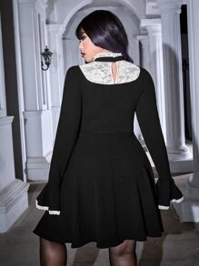 ROMWE PUNK Plus Contrast Lace Panel Flounce Sleeve Dress Without Belt - Black - View 2
