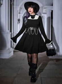 ROMWE PUNK Plus Contrast Lace Panel Flounce Sleeve Dress Without Belt - Black - View 3