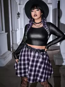 ROMWE PUNK Top crop unicolor & Falda con estampado de cuadros sin cinturón - Multicolor - Ver 1