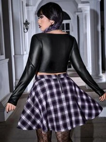 ROMWE PUNK Top crop unicolor & Falda con estampado de cuadros sin cinturón - Multicolor - Ver 2