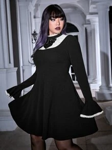 ROMWE PUNK Plus Contrast Lace Panel Flounce Sleeve Dress Without Belt - Black - View 7