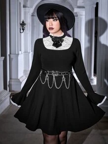 ROMWE PUNK Plus Contrast Lace Panel Flounce Sleeve Dress Without Belt - Black - View 6