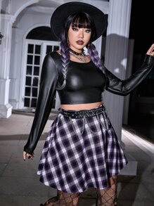 ROMWE PUNK Top crop unicolor & Falda con estampado de cuadros sin cinturón - Multicolor - Ver 5