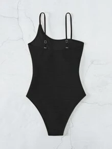 SHEIN Swim Summer Beach Plain One Piece Swimsuit - Black - View 5