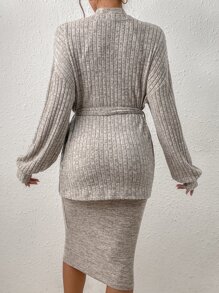 SHEIN Essnce Drop Shoulder Belted Tee & Halter Bodycon Dress - Khaki - View 2