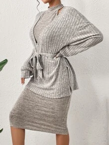 SHEIN Essnce Drop Shoulder Belted Tee & Halter Bodycon Dress - Khaki - View 5