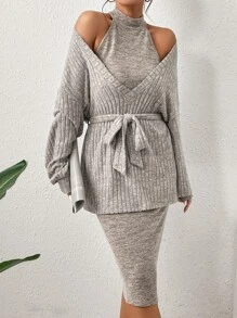 SHEIN Essnce Drop Shoulder Belted Tee & Halter Bodycon Dress - Khaki - View 6