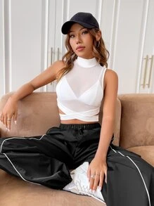 SHEIN BAE Solid Cut Out Mesh Sheer Tank Top Without Bra - White - View 6