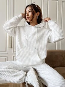 SHEIN EZwear Kangaroo Pocket Drop Shoulder Drawstring Hoodie - White - View 1