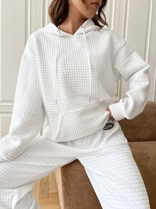 SHEIN EZwear Kangaroo Pocket Drop Shoulder Drawstring Hoodie - White - View 3