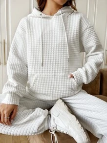 SHEIN EZwear Kangaroo Pocket Drop Shoulder Drawstring Hoodie - White - View 7