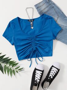 Muchica Solid Drawstring Ruched Tee - Blue - View 1
