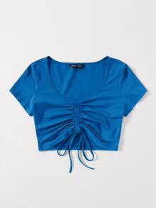 Muchica Solid Drawstring Ruched Tee - Blue - View 3