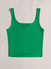 SHEIN EZwear 缺口領素色背心上衣 - 綠色 - 查看 2
