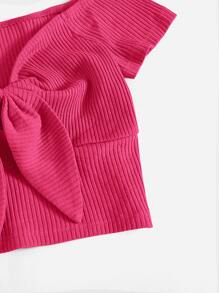SHEIN EZwear Knot Front Rib-knit Bardot Top - Hot Pink - View 3