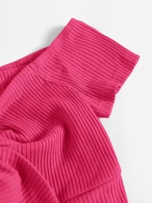 SHEIN EZwear Knot Front Rib-knit Bardot Top - Hot Pink - View 5