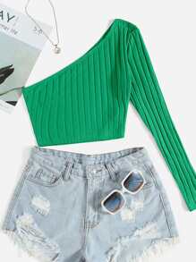 SHEIN EZwear 單肩羅紋針織短版上衣 - 綠色 - 查看 6