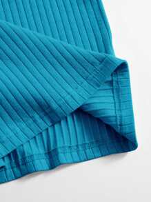 SHEIN EZwear 素色羅紋針織包臀連衣裙 - 藍色 - 查看 5