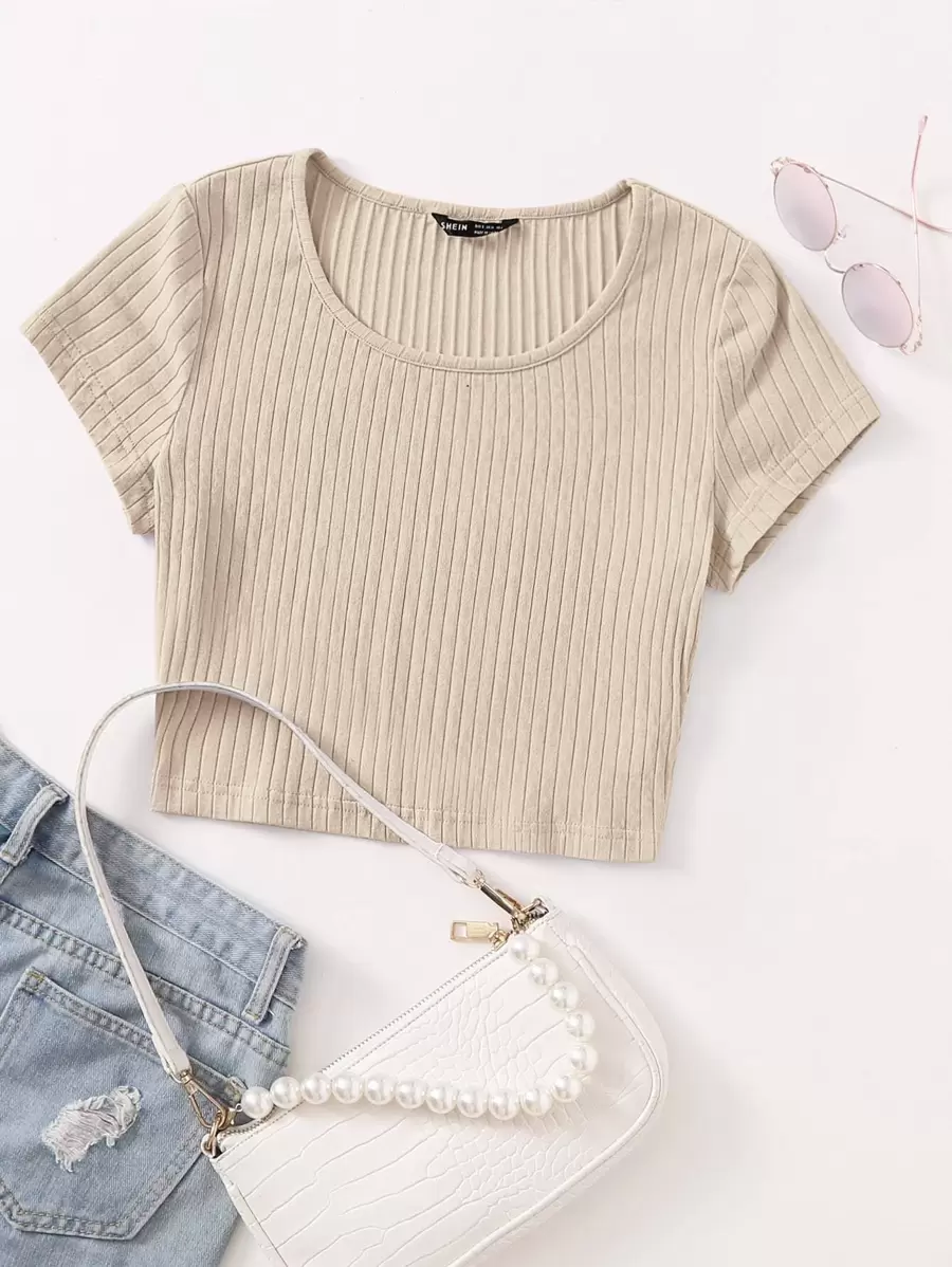 SHEIN EZwear Solid Rib-knit Top - Beige - View 1