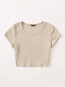 SHEIN EZwear Solid Rib-knit Top - Beige - View 3