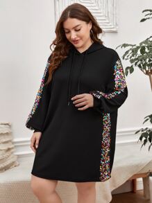 SHEIN LUNE Plus Contrast Sequin Drawstring Hooded Sweatshirt Dress