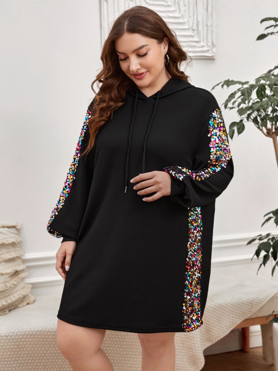 SHEIN LUNE Plus Contrast Sequin Drawstring Hooded Sweatshirt Dress