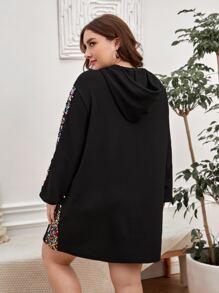 SHEIN LUNE Plus Contrast Sequin Drawstring Hooded Sweatshirt Dress