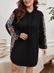 SHEIN LUNE Plus Contrast Sequin Drawstring Hooded Sweatshirt Dress