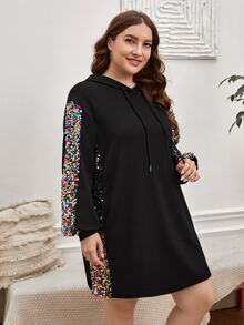 SHEIN LUNE Plus Contrast Sequin Drawstring Hooded Sweatshirt Dress