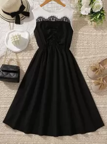 Chicas adolescentes Vestido de color combinado panel con encaje de pestaña fruncido delantero