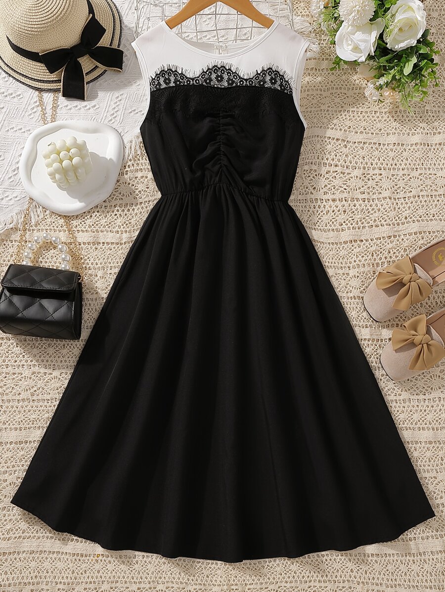 Chicas adolescentes Vestido de color combinado panel con encaje de pestaña fruncido delantero