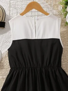 Chicas adolescentes Vestido de color combinado panel con encaje de pestaña fruncido delantero